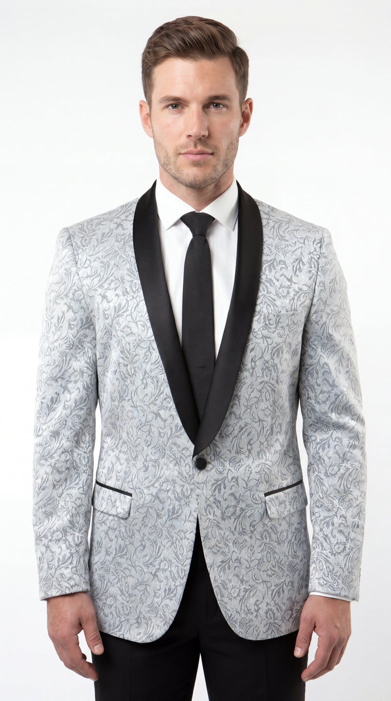 Men’s Silver and Black Floral Blazer – Elegant Formal Tuxedo Style Blazer Jacket for Wedding, Party, Prom and Evening Wear
