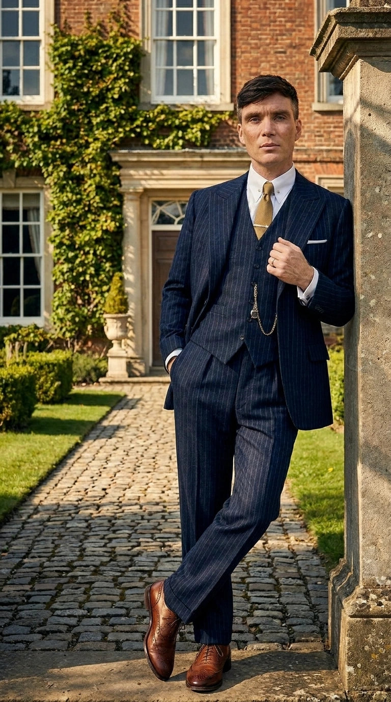 Men’s Navy Blue Pinstripe 3 Piece Suit, Thomas Shelby Inspired Vintage Formal Suit for Weddings, Parties, Prom, and Special Events