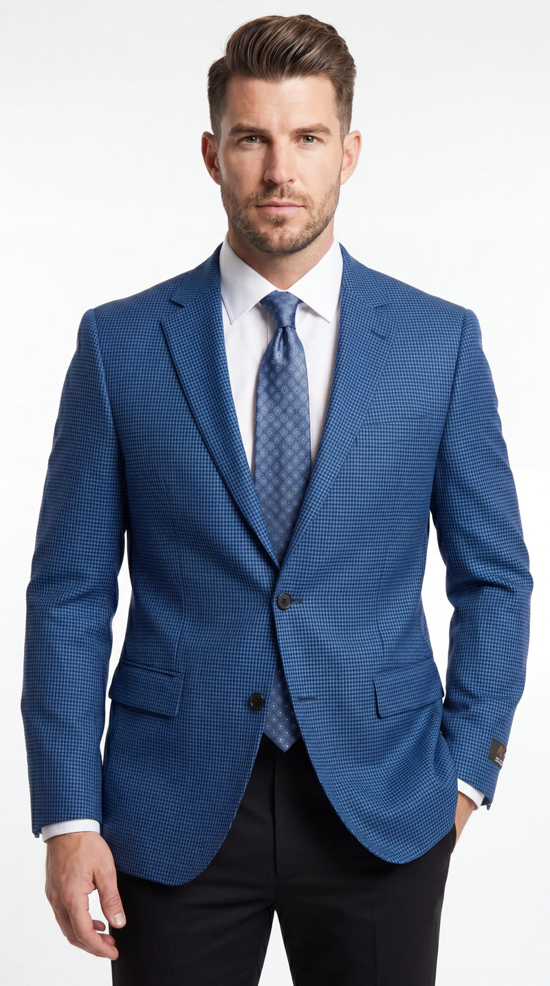 Men’s Blue Houndstooth Blazer Jacket, Check Pattern Formal Sport Coat for Weddings, Prom, Parties, and Special Occasions