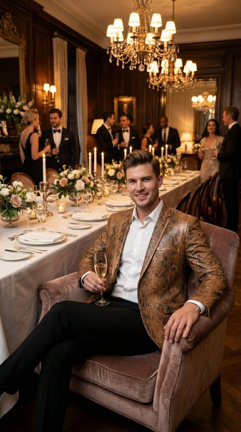 Men’s Brown Snakeskin Pattern Blazer – Stylish Exotic Print Formal Blazer Jacket for Party, Exotic Crocodile Alligator Print