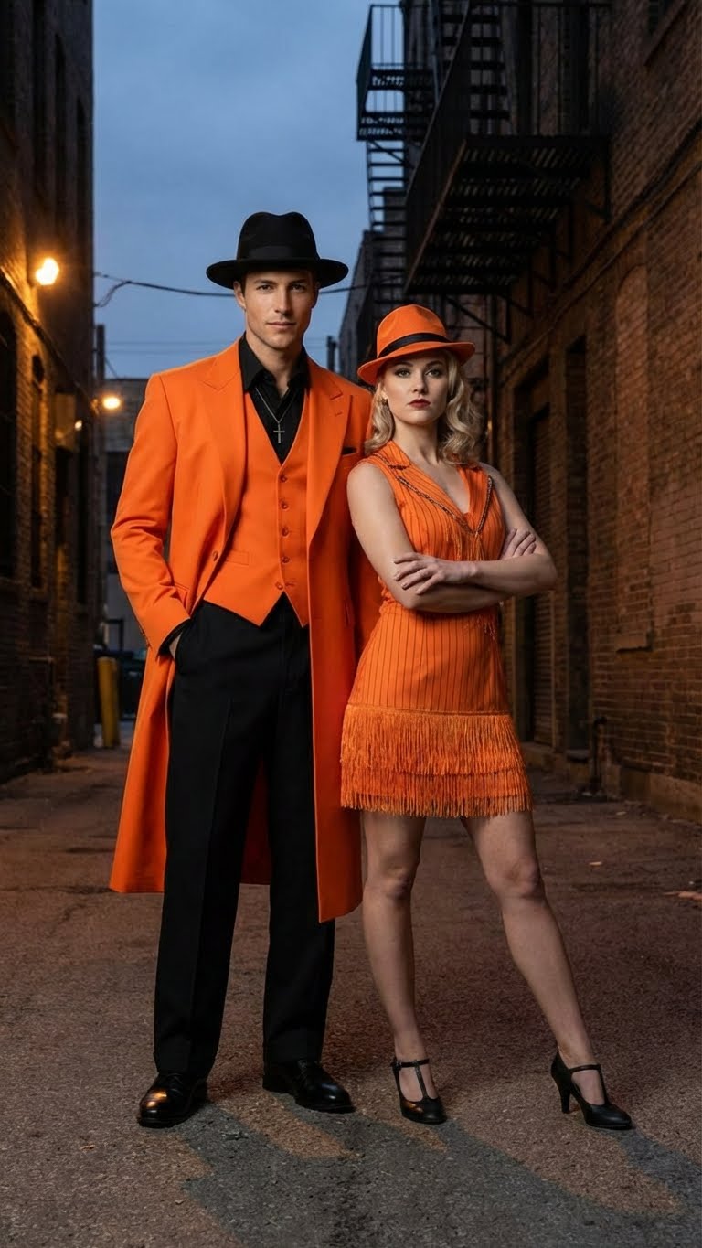 Men's Halloween costume: orange zoot suit (vest, black shirt, pants), black fedora. Women's: fitted orange dress, straight silhouette, fringe. Both feature vibrant orange, coordinated style.