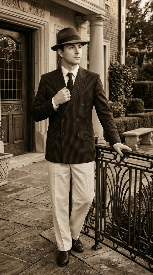 Men’s Black Pinstripe Blazer with White Pants 1920s Gangster Mob Boss Style Suit – Double Breasted Vintage Formal Jacket, Classic Party Costume Wear