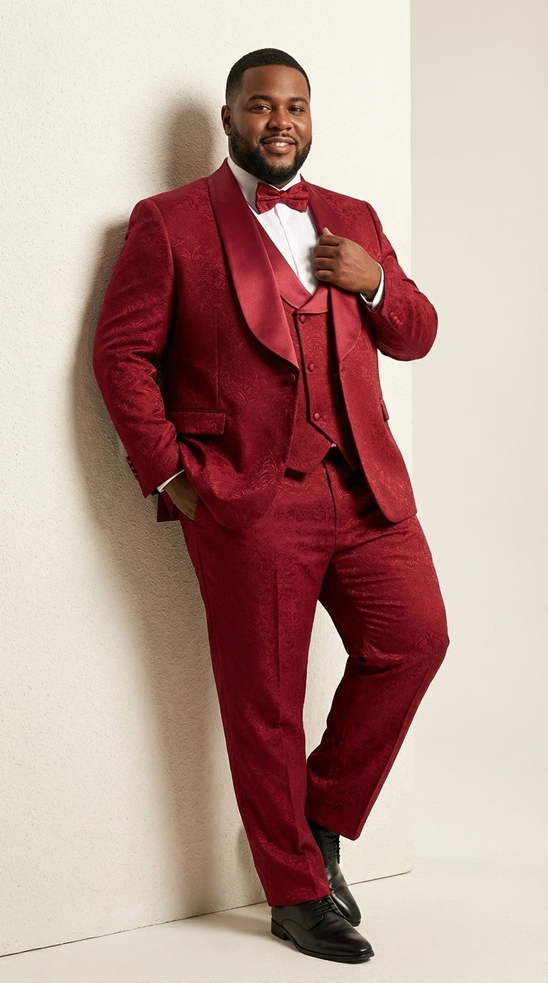 Mens Burgundy Wedding Tuxedo Suit – Paisley Three Piece Formal Suit Set with Shawl Lapel for Groom, Prom