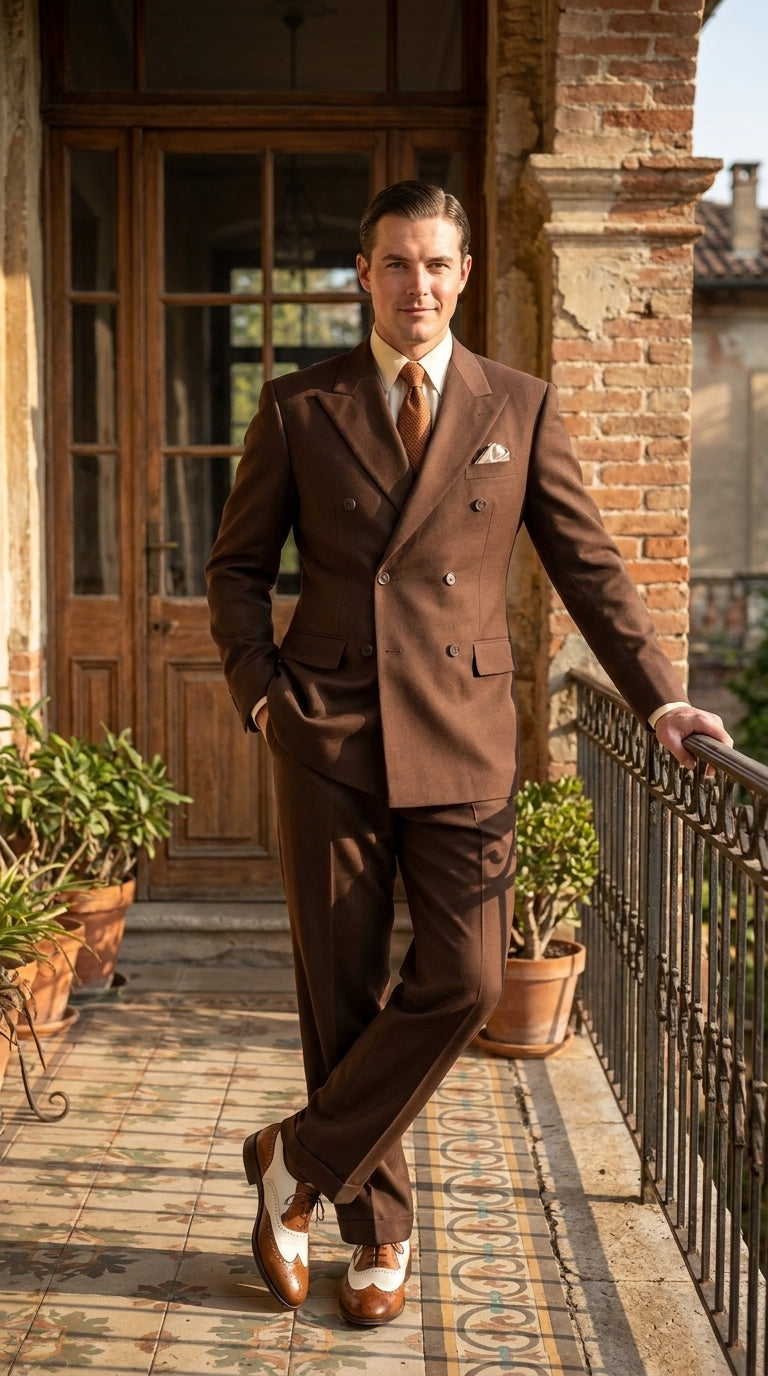 Men’s Brown Vintage Double Breasted Suit, Classic 1940s Style Formal Wedding Business Suit Set