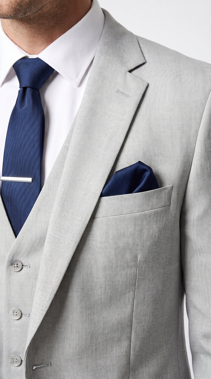 Men’s Silver & Navy Blue 3-Piece Suit – Wedding, Business and Formal Suit with Free Matching Tie