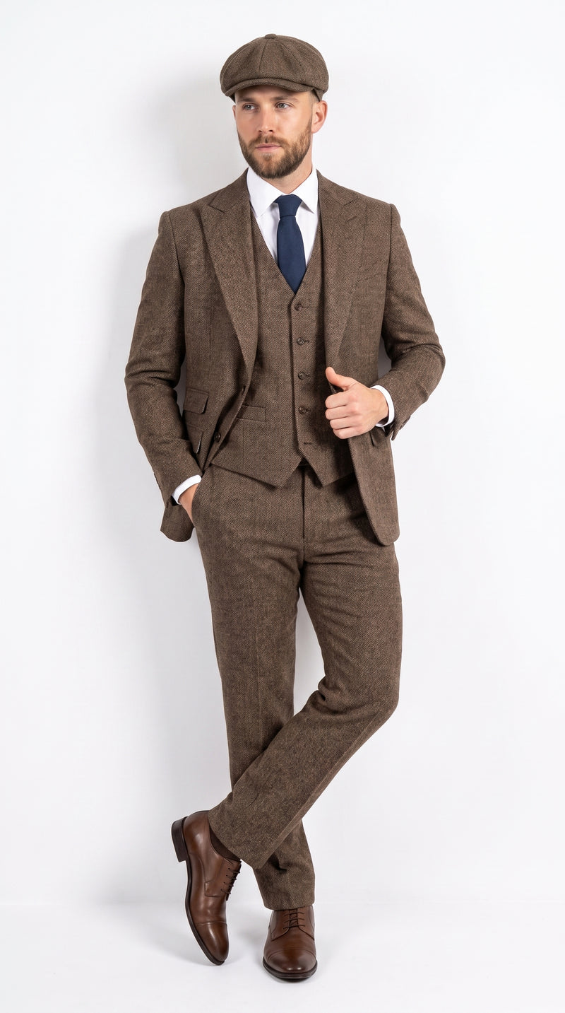 Peaky Blinder Men’s Brown Tweed 3-Piece Suit – Vintage Wedding, Business and Formal Suit with Matching Vest and Pants