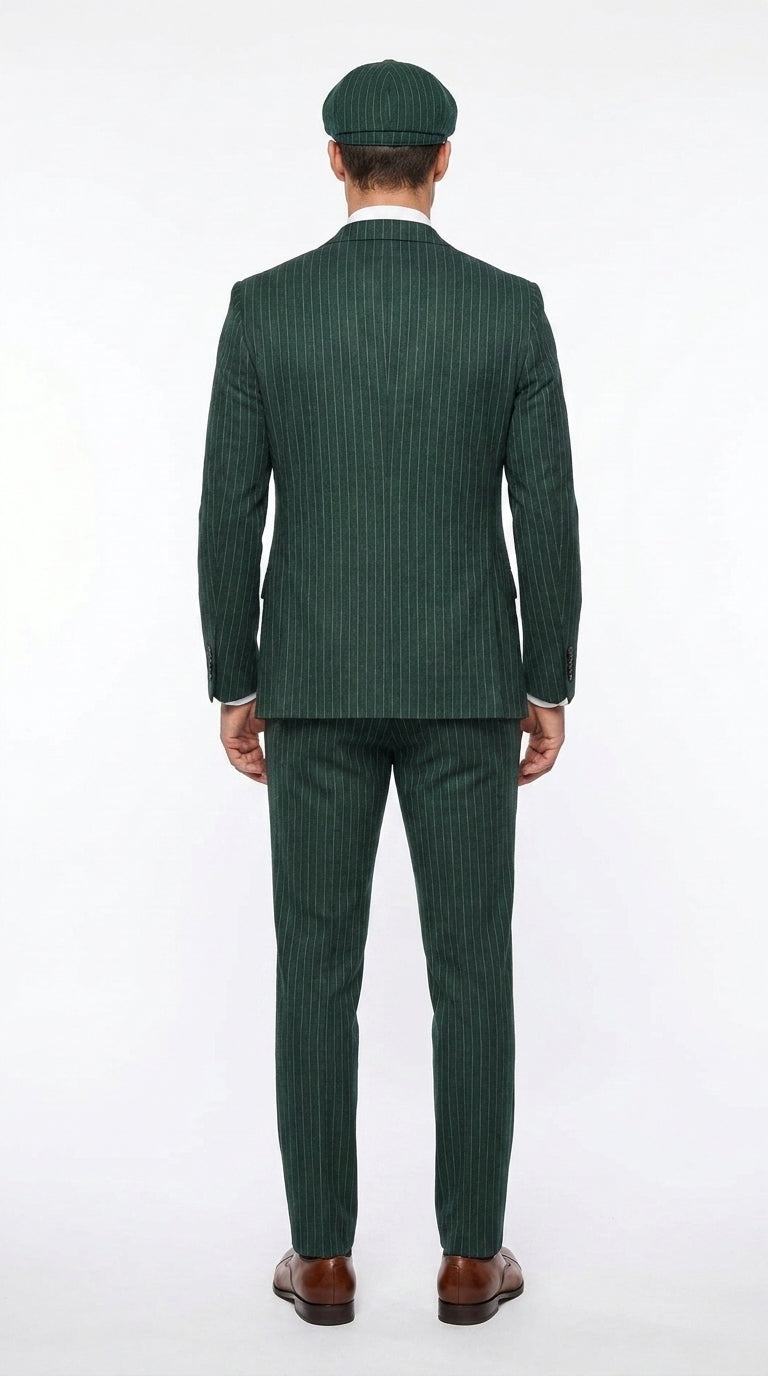 Men’s Hunter Green Pinstripe 3-Piece Suit – Vintage Wedding, Prom and Formal Suit with Matching Vest