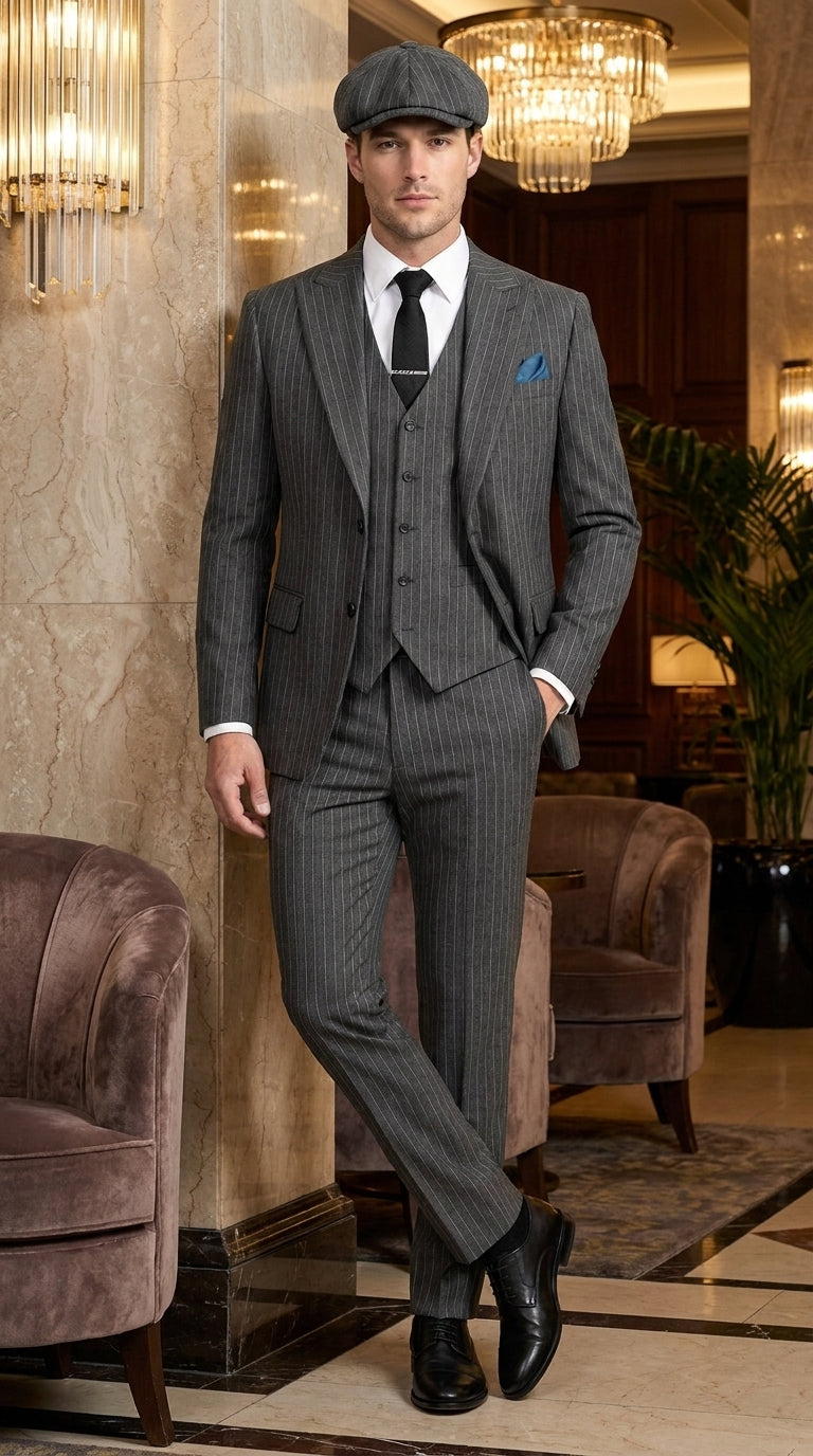Men’s Thomas Shelby Peaky Blinders Gray Wool Suit Out fit Charcoal Grey Pinstripe 3-Piece Vintage 1920s Suit