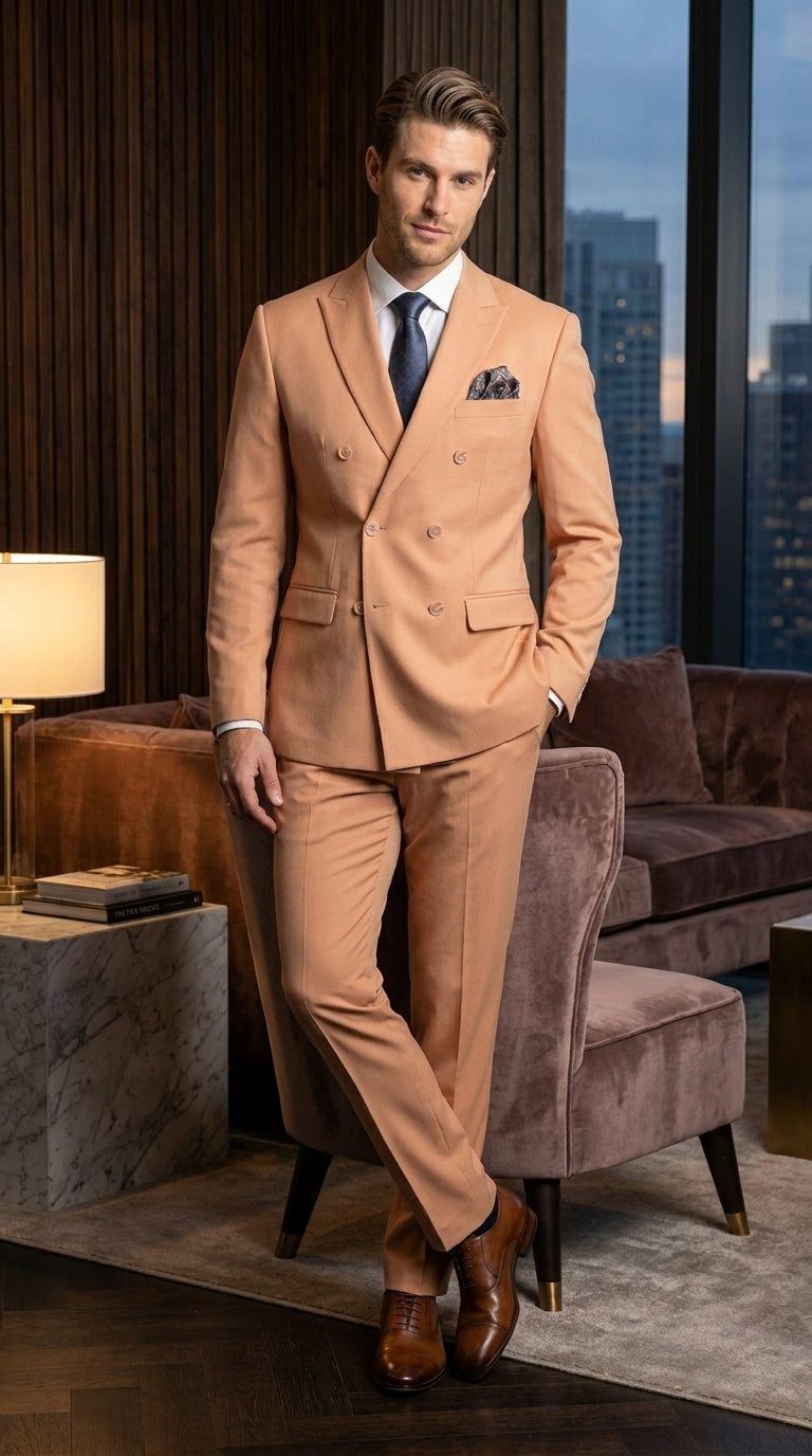 Men’s Peach Double Breasted Suit – Wedding & Prom Formal Suit Set, Classic Blazer and Pants Slim Fitted
