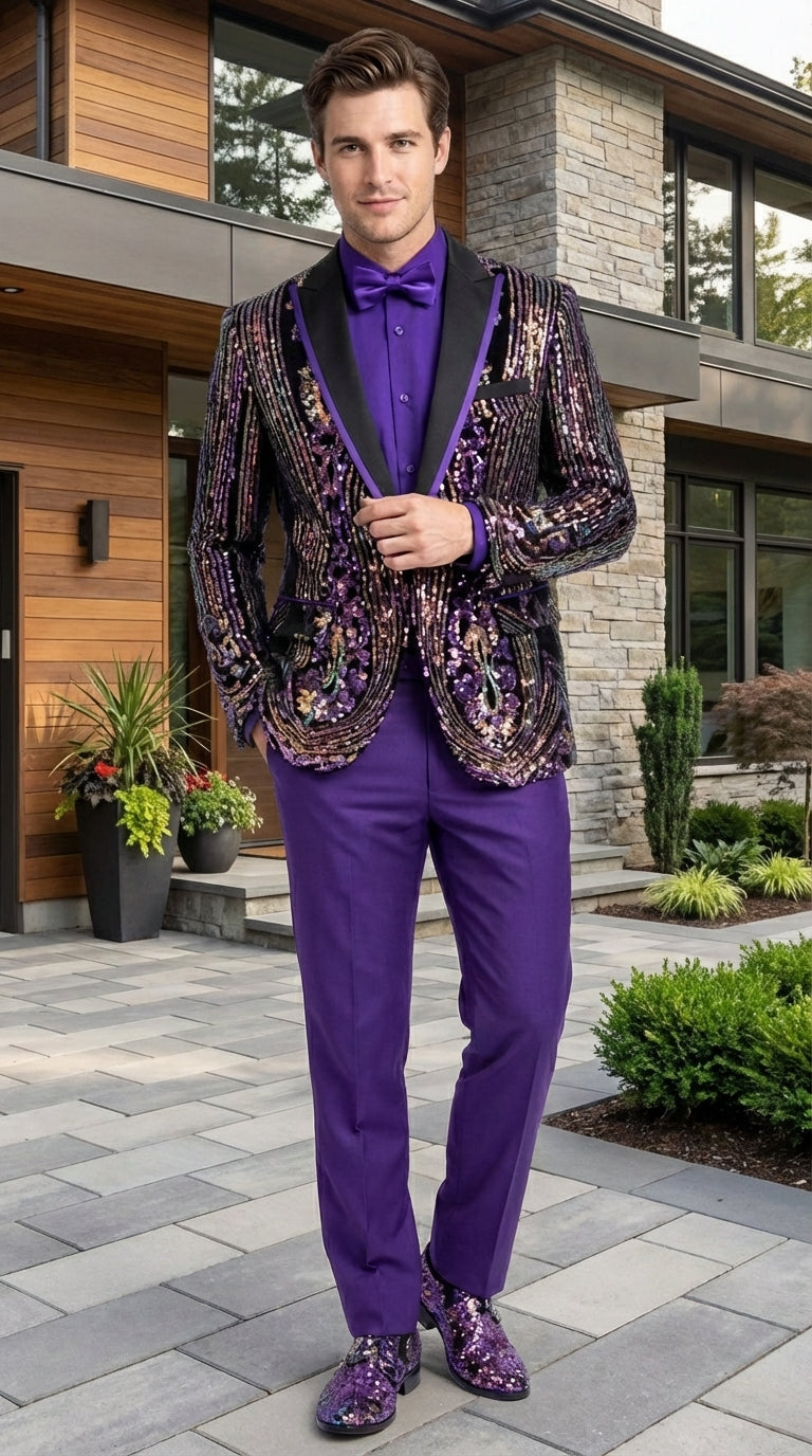 Mens Mardi Gra Black and Purple and Gold Sequin Tuxedo Jacket Set – Designer with Floral Pattern Jacket Formal Wedding Party Wear Bowtie