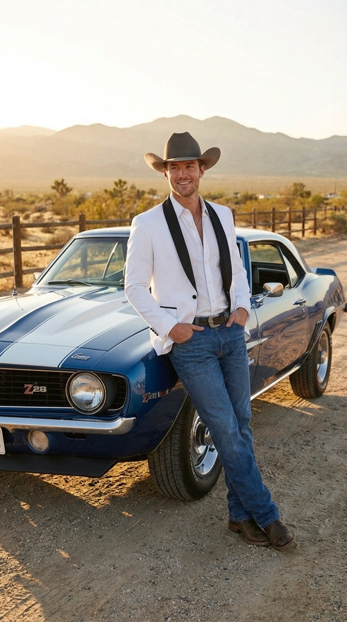 Men’s White Cowboy Blazer with Black Satin Lapel – Western Formal Tuxedo Style Jacket
