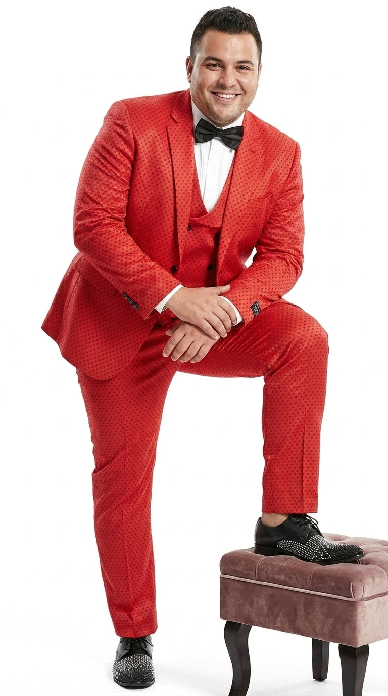 Tazio Men’s Cherry Red and Black Polka-Dot 3-Piece Suit – Skinny Fit Prom, Wedding and Party Suit or Tuxedo