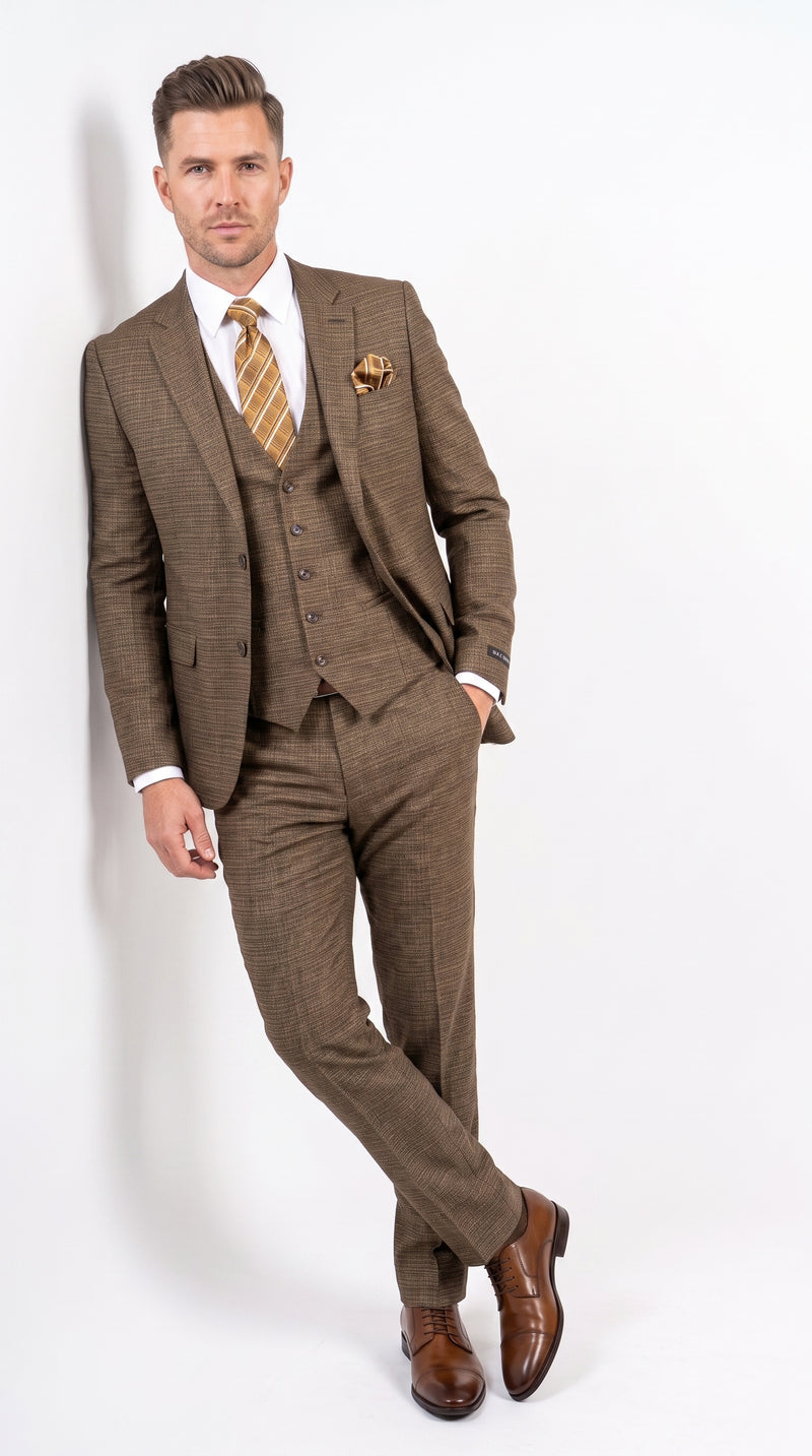 Men's Great Gatsby Brown Checker Plaid Texture 3-Piece Suit ā Classic Fit Business, Wedding & Formal Suit Set - Victorian style 1920s