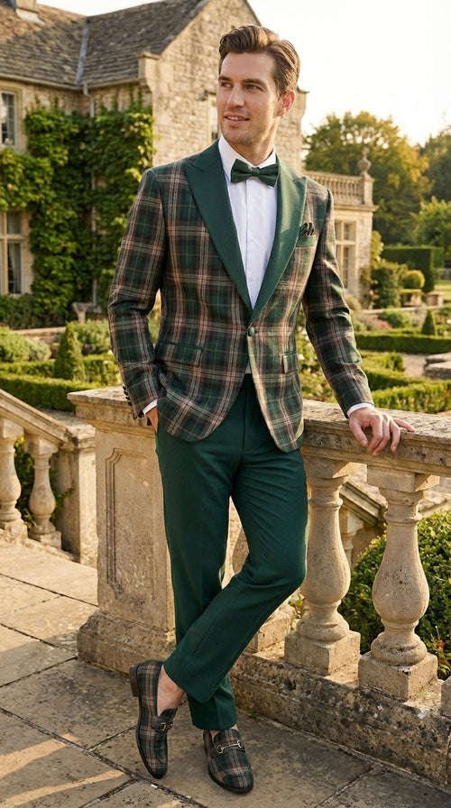 Mens Tartan Green and Brown Blue Plaid Tuxedo Dinner Jacket Set – Checkered Prom Blazer with Dark Green Pants Formal Wedding Party Wear