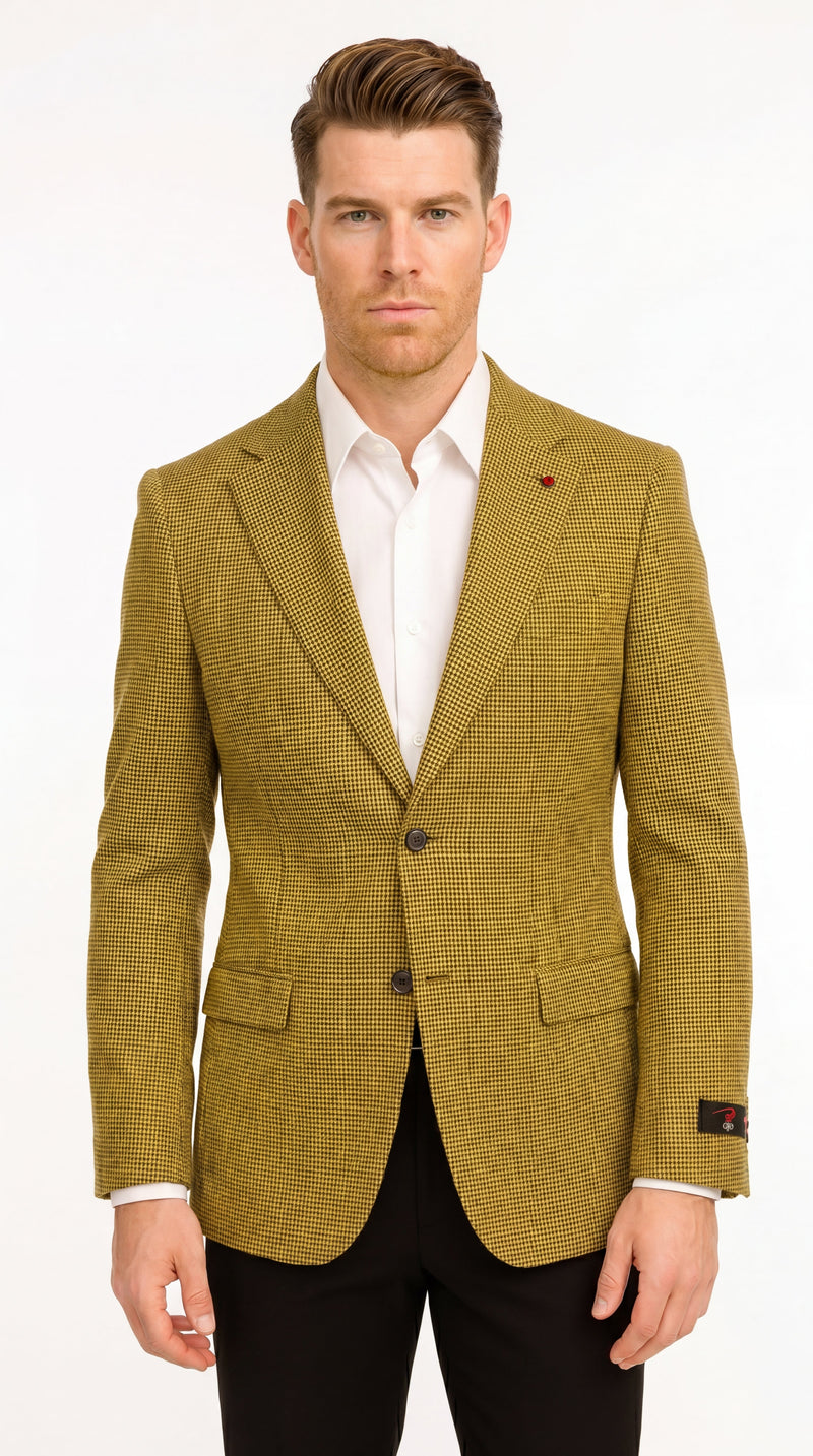 Men’s Mustard Gold Yellow Houndstooth Blazer Jacket, Check Pattern Formal Sport Coat for Weddings, Prom, Business 2 Buttons Modern Fit