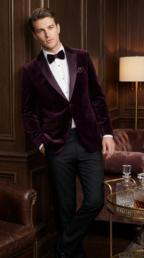 Mens Plum Eggplant Velvet Blazer Jacket – Luxury Velvet Dinner Jacket for Wedding, Tuxedo Events, Formal Parties in Burgundy Color