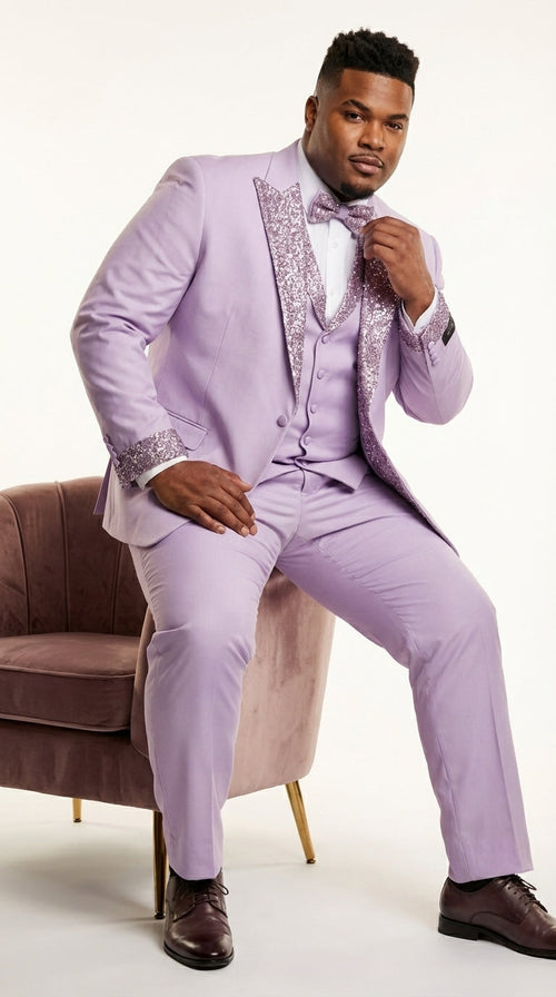 Men’s Lilac Suit with Silver Glitter Sequin Lapel – Lilac and Silver Formal Tuxedo Suit for Prom, Wedding Lavender Tuxedo