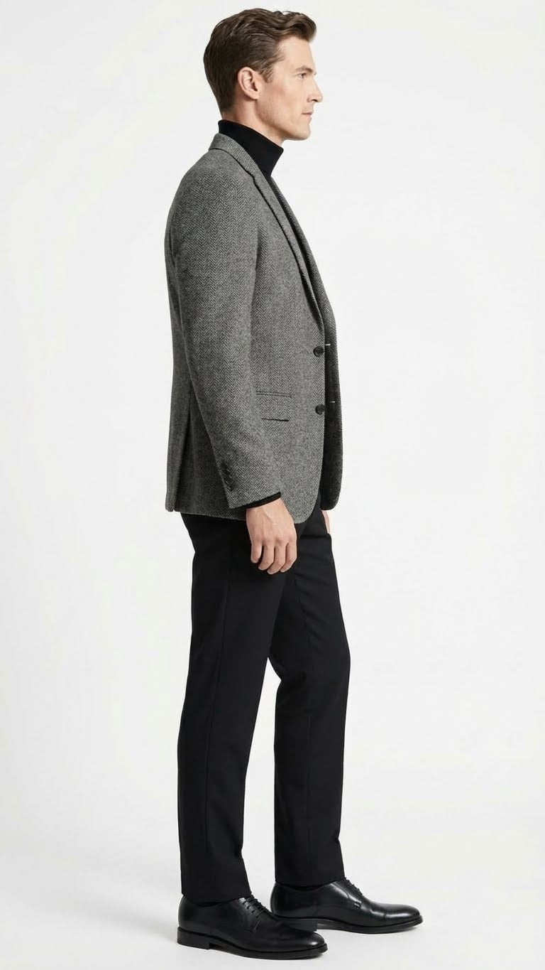 Men's grey tweed herringbone sport coat. Tailored fit, single-breasted, two buttons, notched lapel. Herringbone pattern, worn with black turtleneck, trousers & dress shoes.