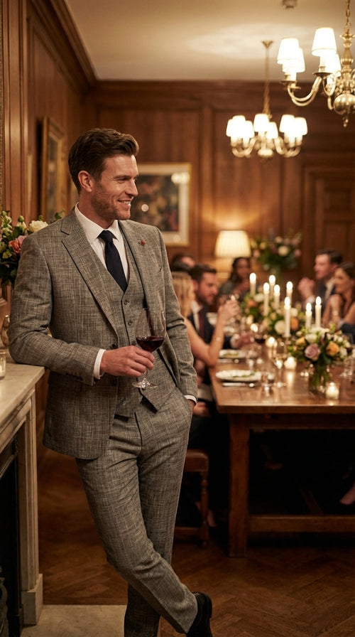 Vitali Brand Men’s Grey Textured Patterned 3 Piece Suit – Modern Fit Checkered Sharkskin with Blazer, Vest & Trousers, Business Wedding