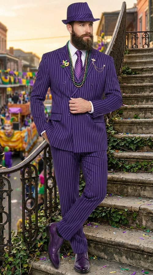 Men’s Purple Pinstripe Mardi Gras Suit | Classic Double Breasted Formal Carnival Suit