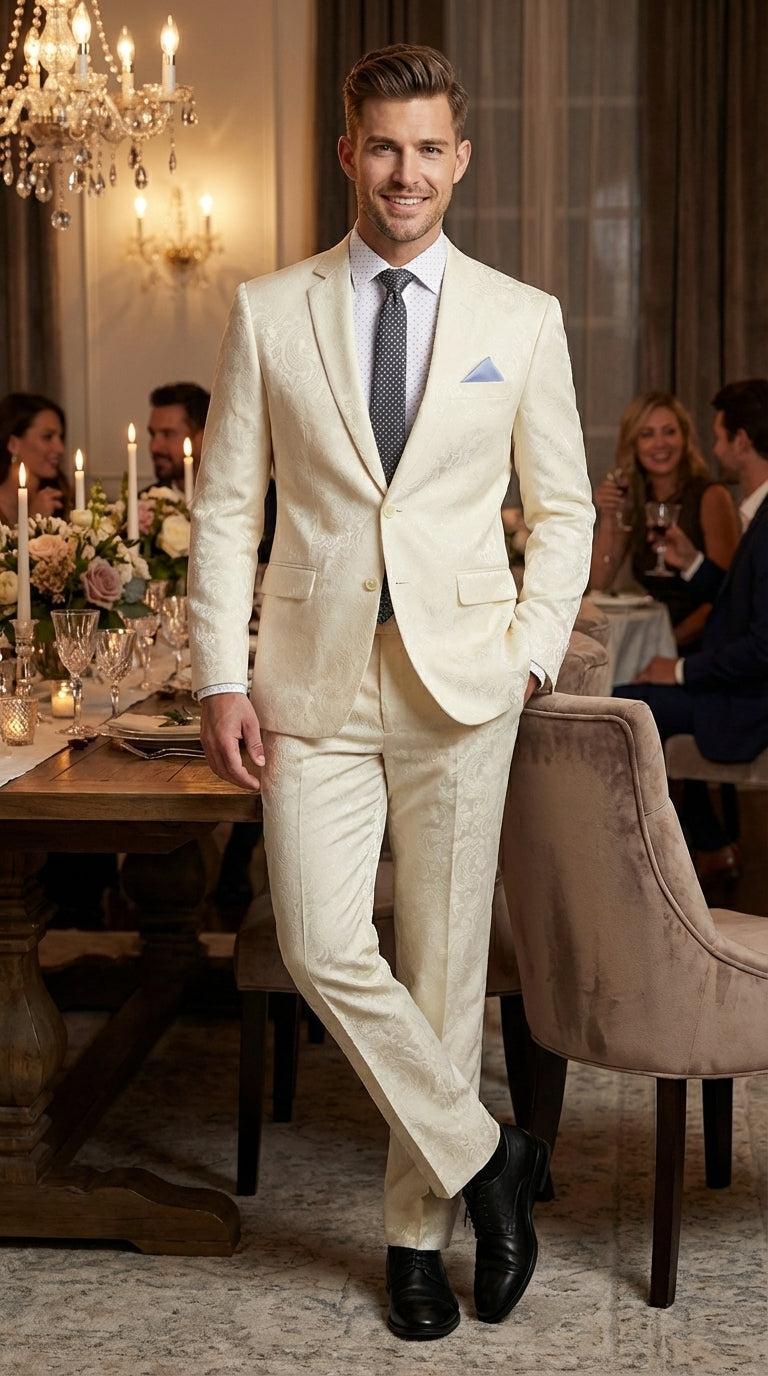 Men’s Ivory Paisley Shiny Suit – Flroal Formal Wedding and Prom Suit for Party, in Cream Off White