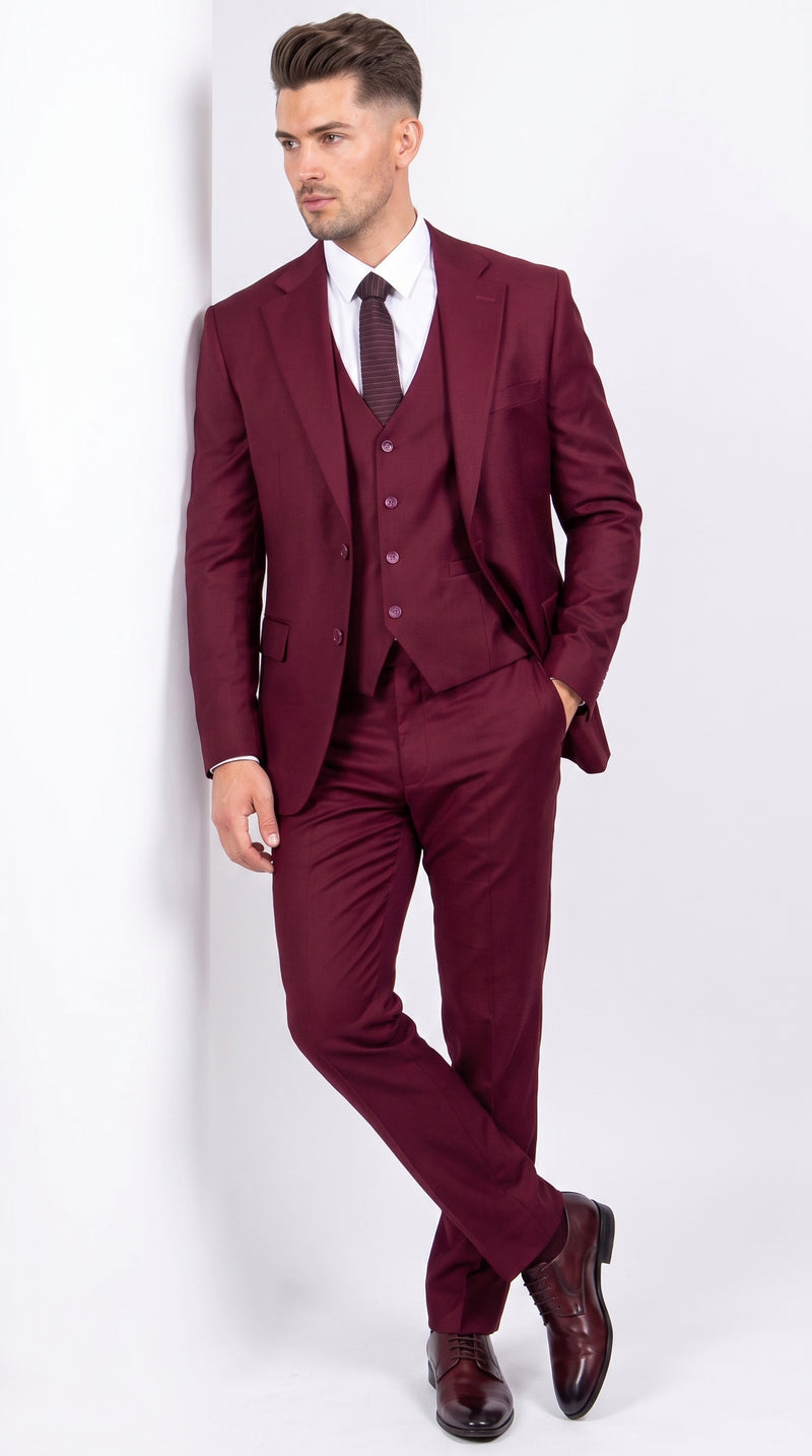 Men’s Stacy Adams Brand Burgundy 3 Piece Suit – Two Button Vested Style church wedding Modern Fit Suit