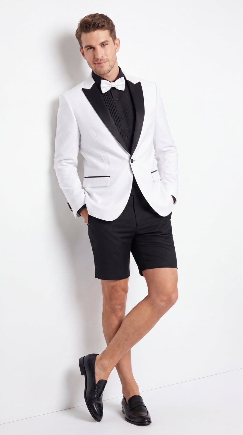 Men’s White and Black Tuxedo Suit with Shorts – Modern Formal Blazer and Short Pants Set for Wedding, Prom Suit