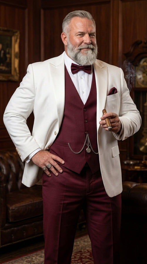 Menās White and Burgundy 3 Piece Tuxedo Suit, Vested Formal Wedding Prom Dinner Suit Set bowtie included