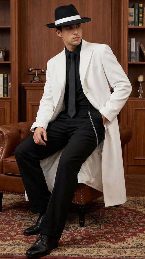 Men’s White Long Zoot Style Suit | Vintage Gangster Mafia Formal Coat with Black Pants