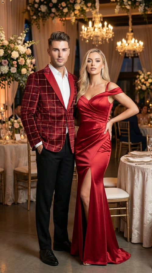 Mens Red Burgundy Plaid Blazer with Contrast Lapel – Velvet Fabric Check Prom Blazer Jacket for Party, Christmas New Year Holiday Jacket