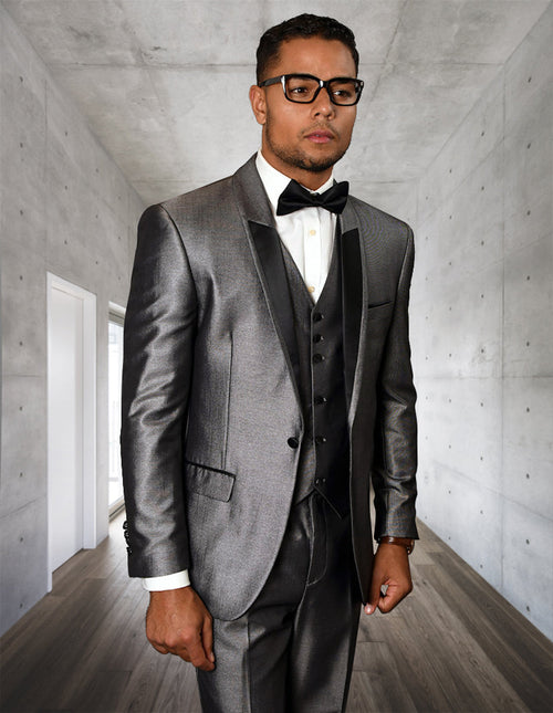 Men's silver sharkskin tuxedo with a fitted silhouette. Features a half shawl lapel, two-button closure, and a three-button vest.