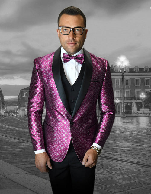 Fuchsia geometric chain print tuxedo with a black shawl lapel. Single-button closure and a fitted silhouette. Includes a matching vest for a cohesive look.