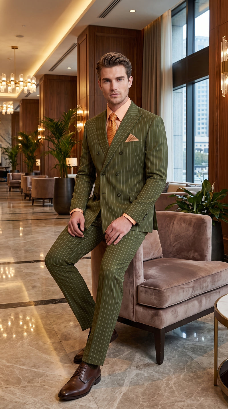 Men’s Olive Green Pinstripe Double-Breasted Suit – Classic Wedding, Business and Formal Suit