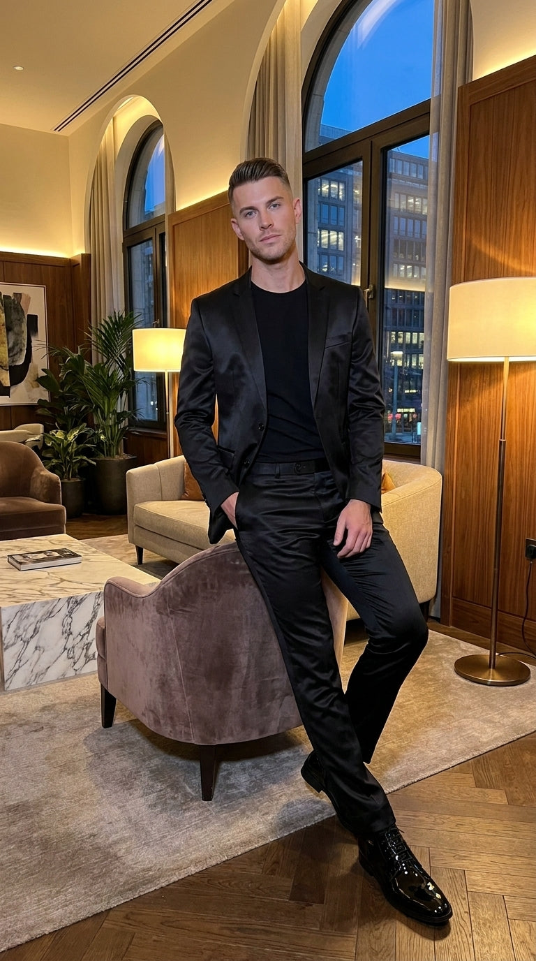 Men’s Black Shiny Sharkskin 2 Piece Suit, Formal Wedding Prom Party Dress Suit