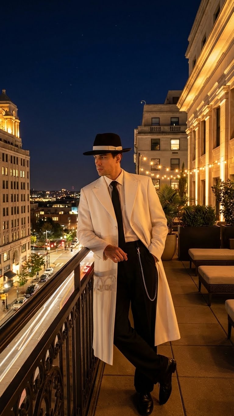 Mens White Long Zoot Style Suit | Vintage Gangster Mafia Formal Coat with Black Pants