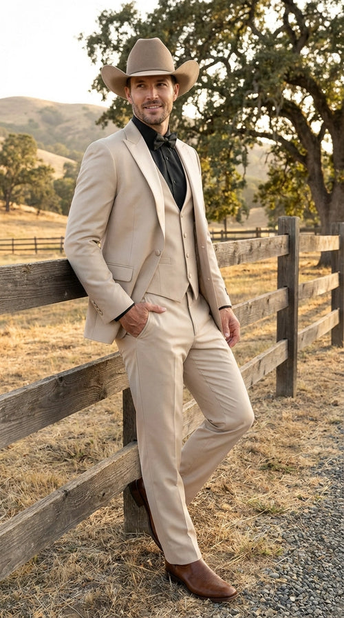 Men’s Tan Cowboy Suit – Western Formal Two Piece Suit for Weddings, Champaign Sand Color