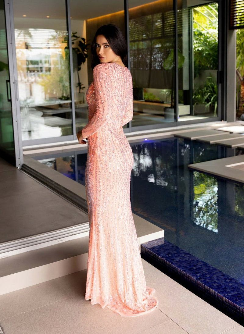 Primavera Couture 12117 Coral Beaded Sequin Long-Sleeve Formal Dress