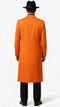 Orange long zoot suit with black shirt & pants. Features knee-length, straight-cut coat with subtle sheen. Includes black fedora. Smooth fabric.