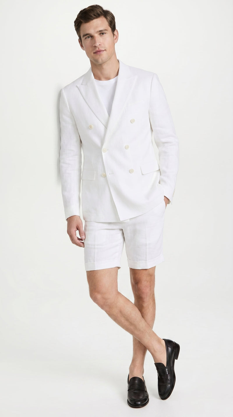 Men’s White Summer Suit with Shorts, 2 Piece Linen Style Wedding Beach Short Suit Set double breasted style