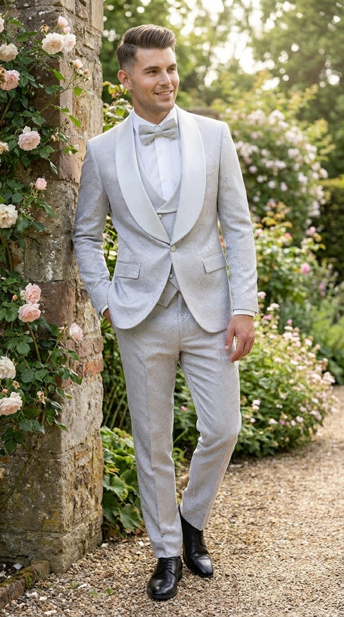 Mens Light Silver Wedding Tuxedo Suit – Paisley Fabric Three Piece Formal Suit Set with Shawl Lapel for Groom, Prom, Gala and ice Grey