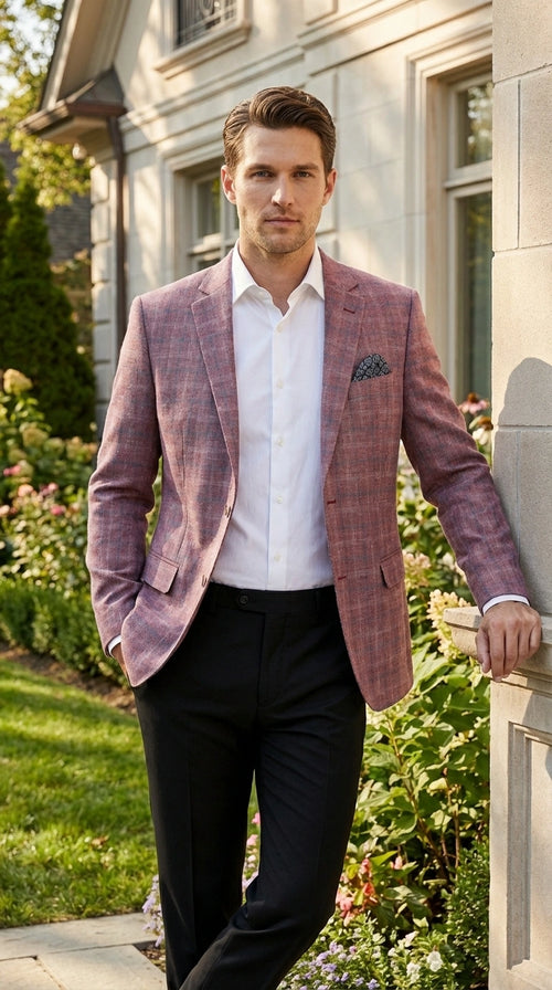 Mens Dusty Rose Mauve Pink with Tint of Blue Plaid Sport Coat Blazer ā Classic Check Pattern Casual Blazer Jacket for Business Casual, Wedding