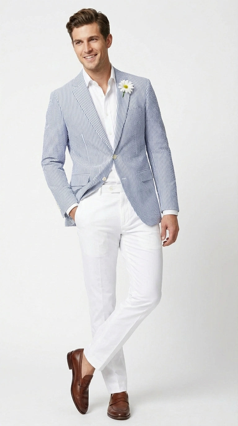 Mens Blue Seersucker Blazer – Lightweight Striped Summer Sport Coat Casual Smart Formal Jacket