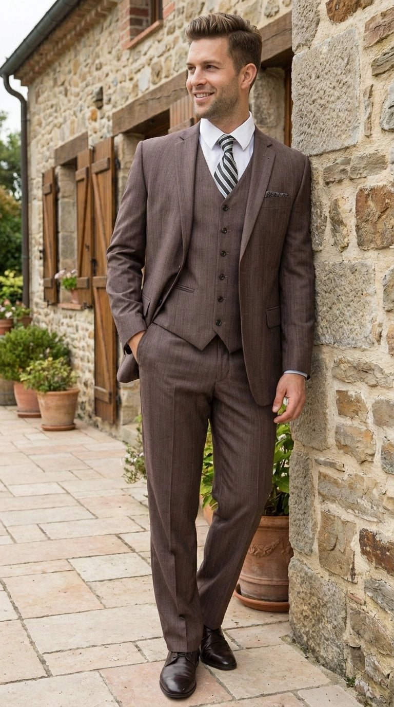 Men’s Brown Sharkskin 3 Piece Suit – Textured Two Button Vested Business Formal Suit for Wedding, Party Wear Vested