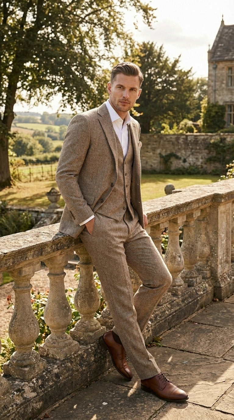 Men’s Light Beige Herringbone Tweed Suit with Vest – Classic Three Piece Formal Suit, Vintage Business Wedding Outfit, Elegant Smart Casual Wear