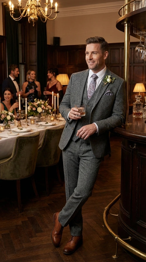 Men’s Peaky Blinder Light Grey Tweed Suit with Vest – Classic Three Piece Formal Suit, Vintage Wedding Business Outfit