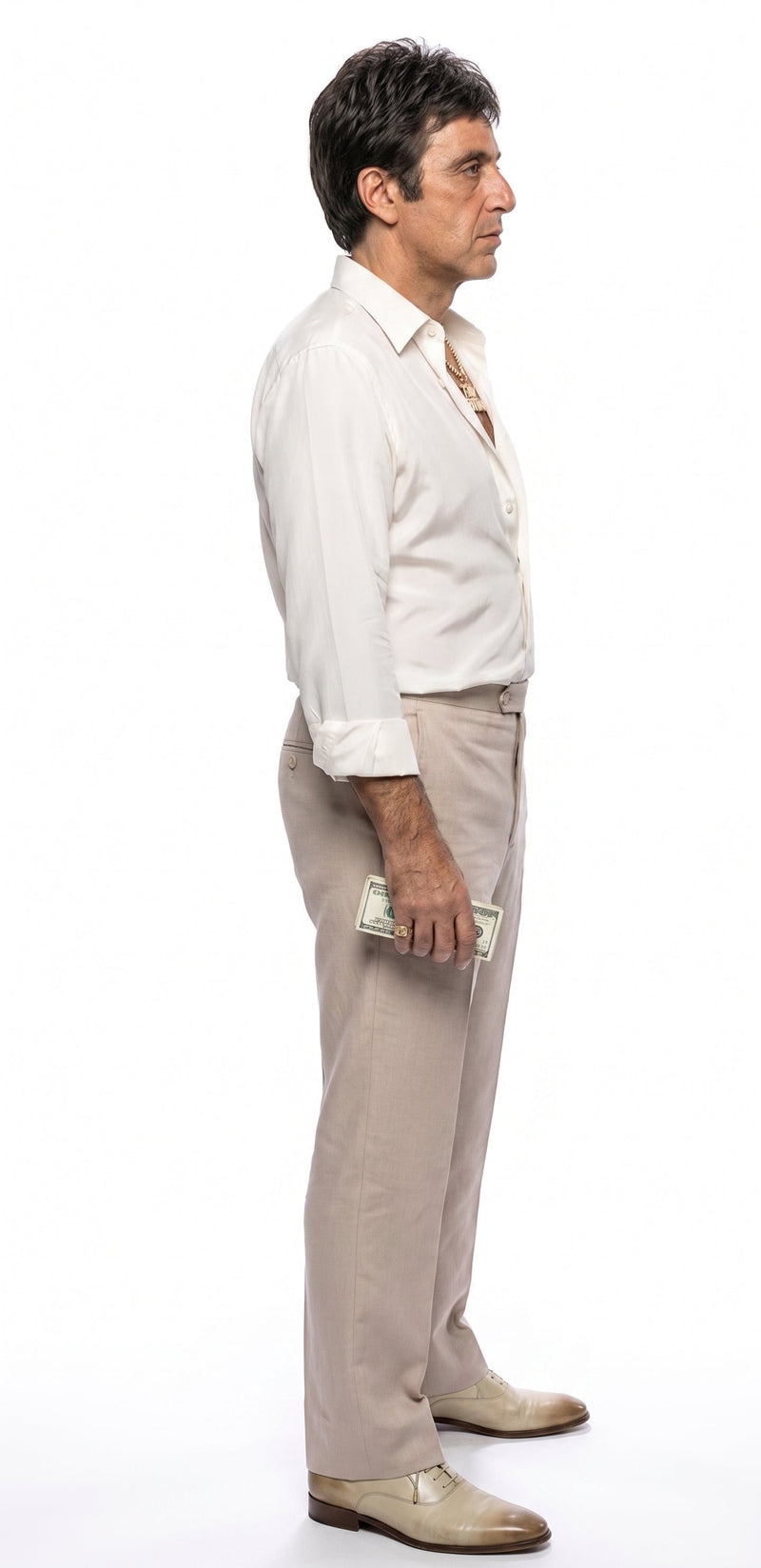 Tony Montana’s White Linen Shirt and Tan Pants – Men’s White Formal Shirt with Tan Trousers for Party, Wedding and Vintage Style Outfit