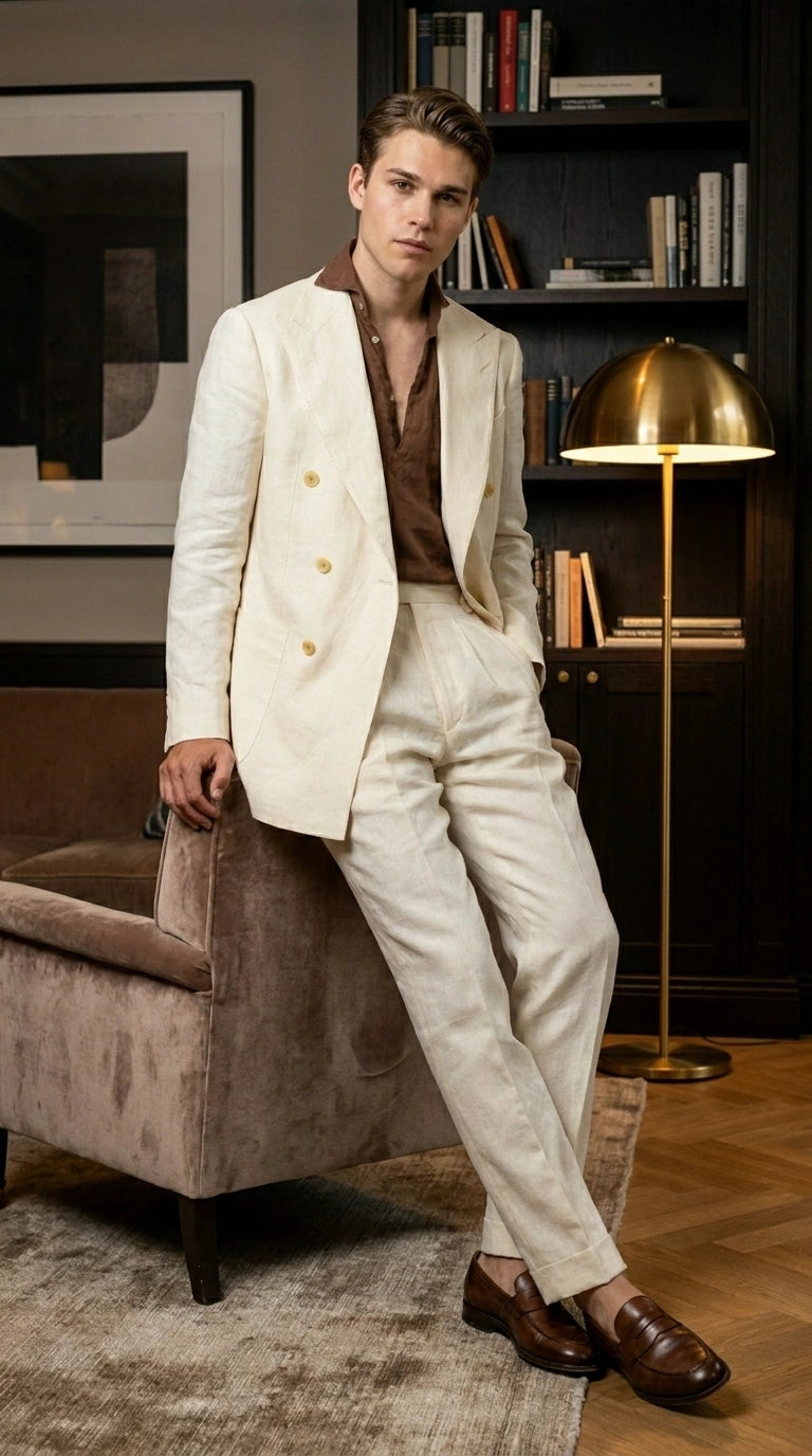 Men’s Off White 70s Style Double Breasted Suit – Vintage Retro Wide Lapel Classic Outfit for Party, Wedding and Casual Fashion Wear