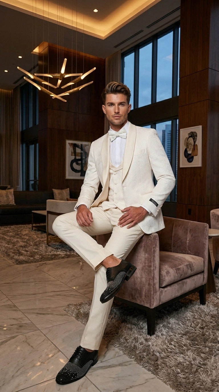 Men’s Ivory Paisley Tuxedo Suit 3 Piece – One Button Vested Satin Formal Suit for Wedding in Off white Cream Color