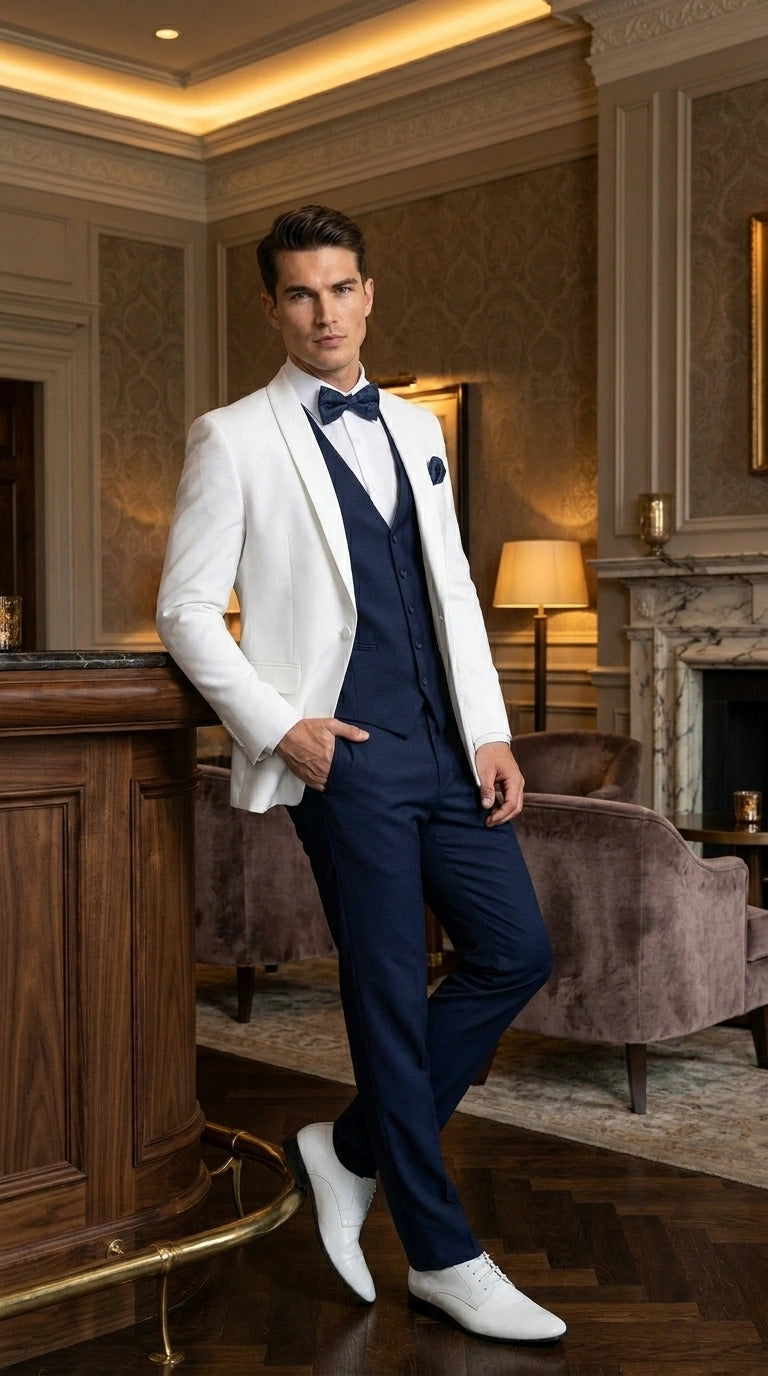 Men’s White and Navy blue tuxedo 3 Piece Suit – Classic White Blazer with Navy Vest and Pants for Wedding, Party + Bowtie