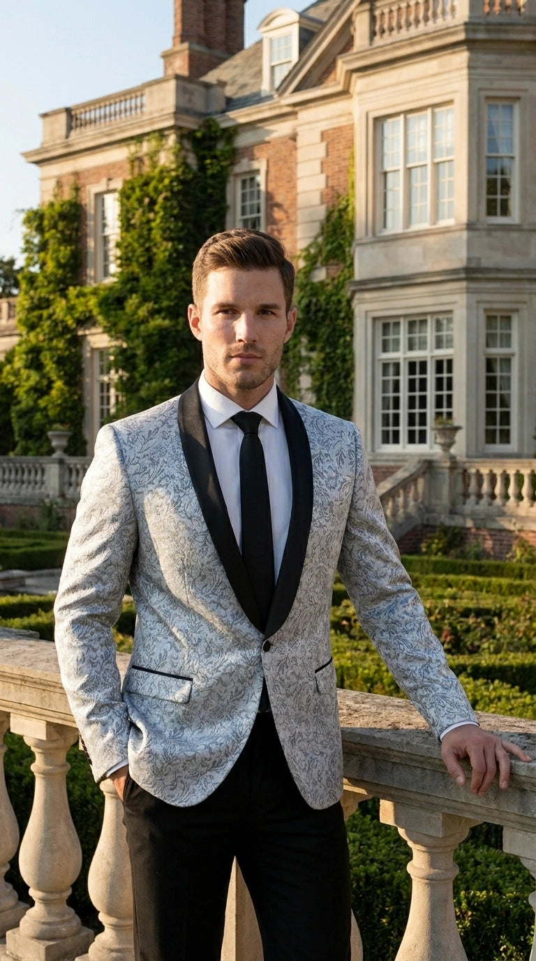 Men’s Silver and Black Floral Blazer – Elegant Formal Tuxedo Style Blazer Jacket for Wedding, Party, Prom and Evening Wear